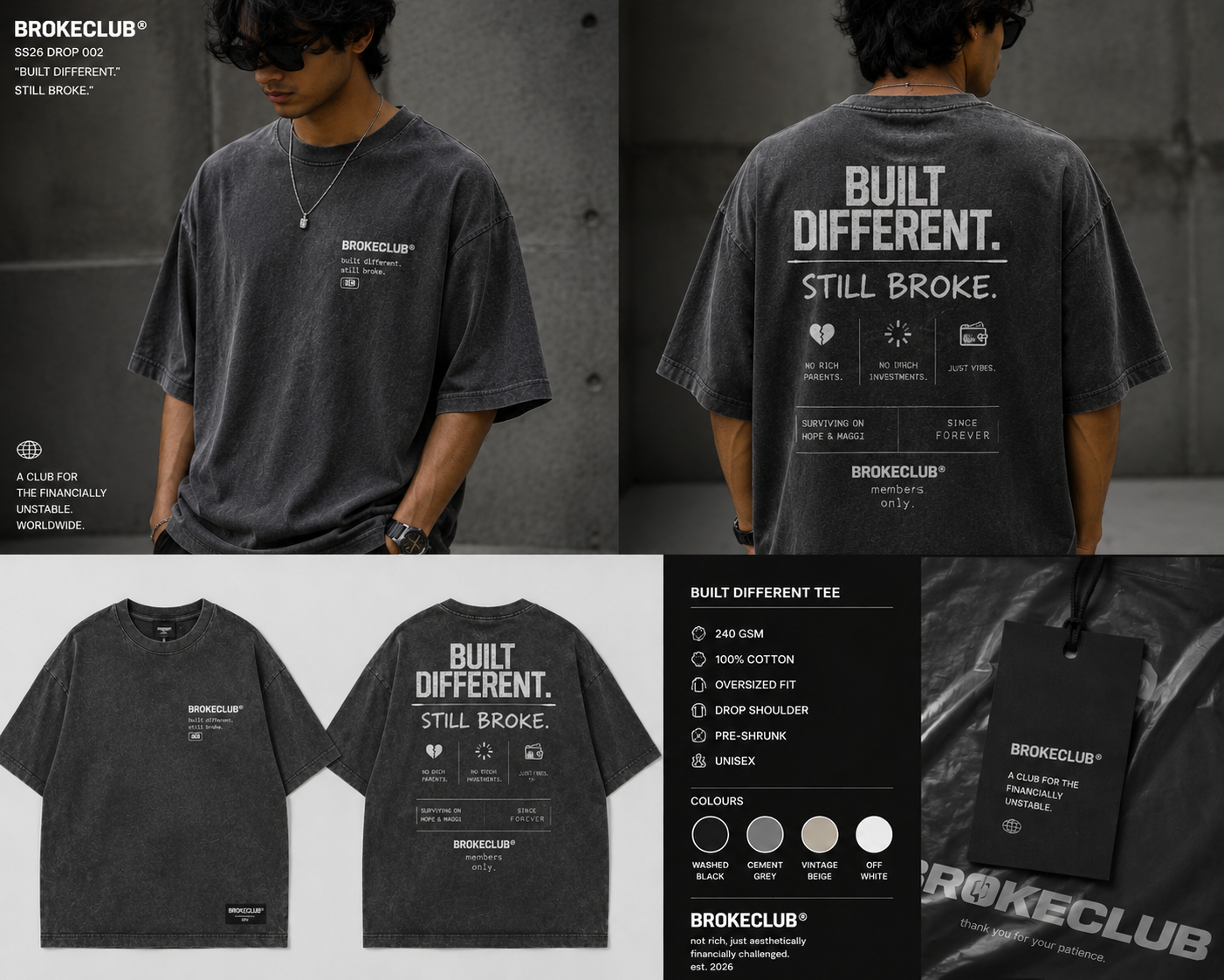 Black t-shirt with text and branding, shown from front and back, on a gray background.
